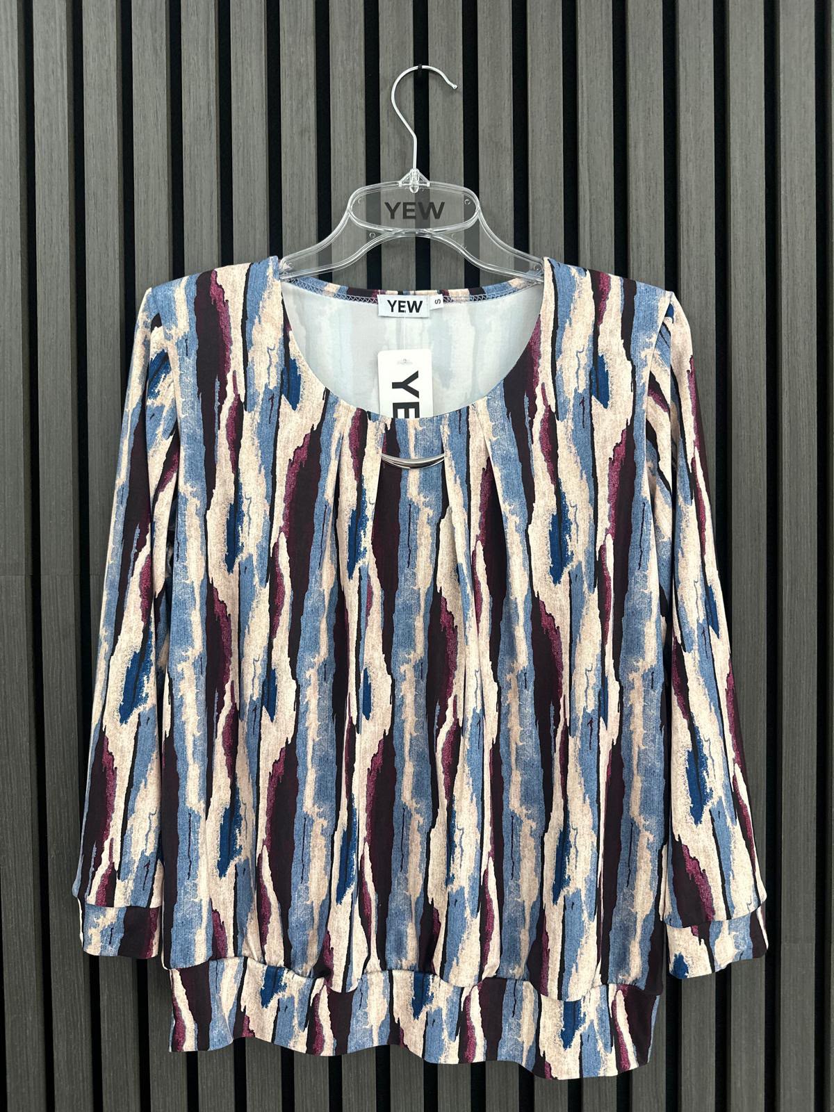 Yew Round Neck Top with Deep soft wasitband in Blue Burgundy print Yew26 43