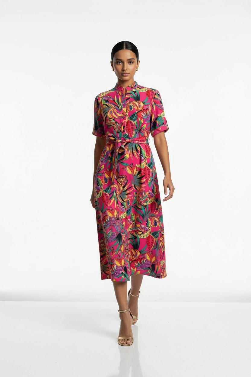 Tropical Print Button Front Midi Dress Ma81227