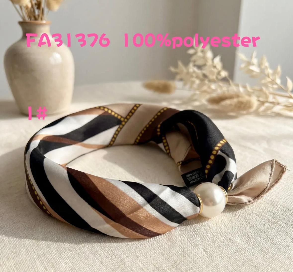Stripe Silk Neck Scarf with Magnetic Pearl Clasp