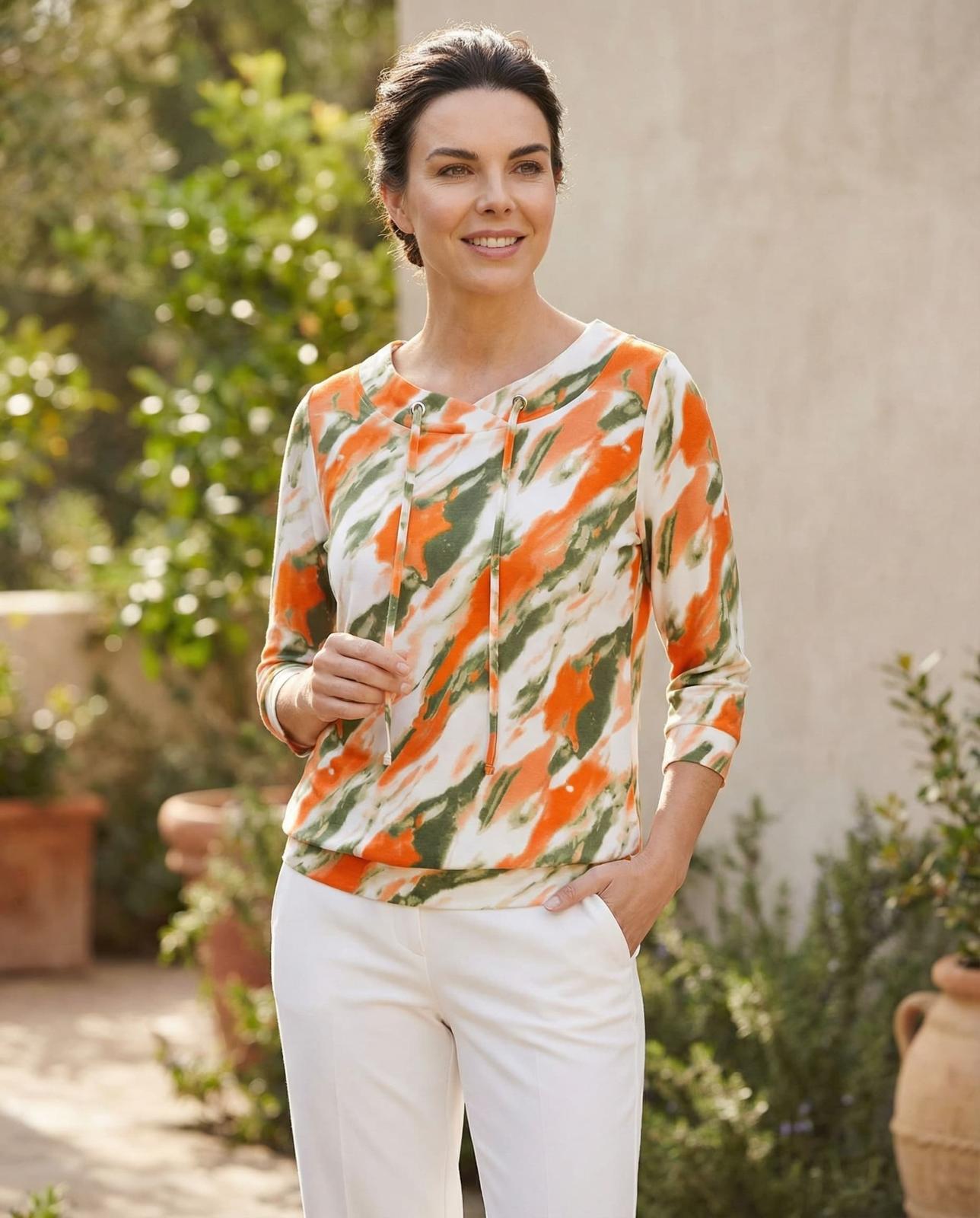 Yew Top with Deep waistband in Khaki orange print Yew26 14