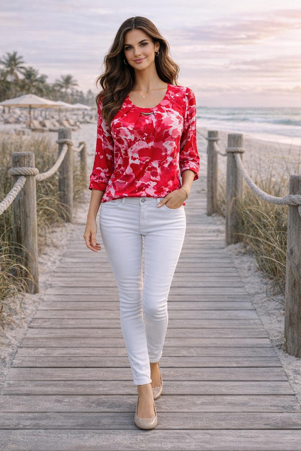 Yew Round neck top with wide soft waistband in red print Yew26 8