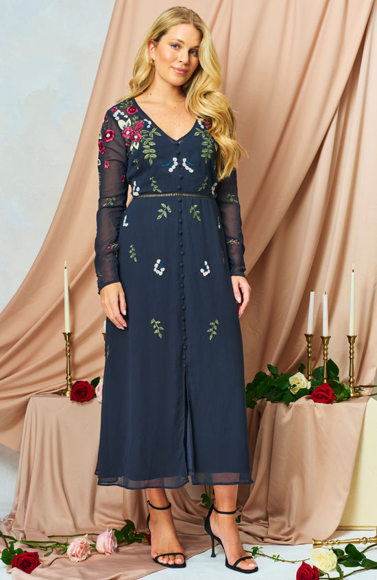 Hope & Ivy Rosette Embellished Maxi Dress with Long Sleeve and Button Front