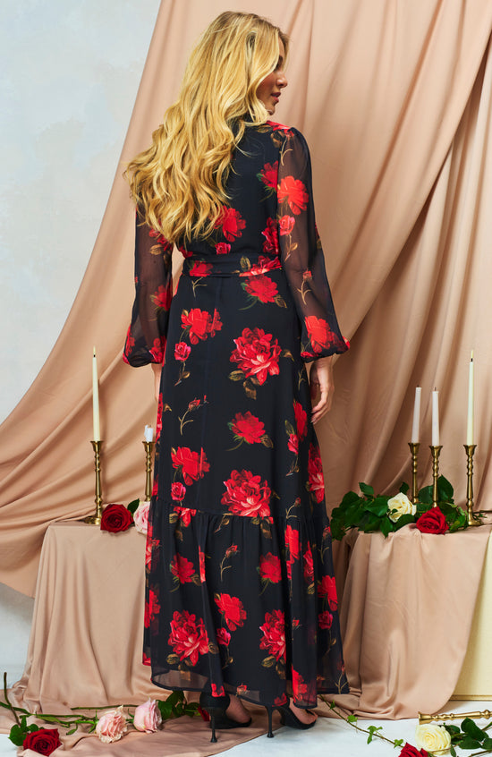 Hope & Ivy Camilla Blouson Sleeve Maxi Wrap Dress with Tie Waist