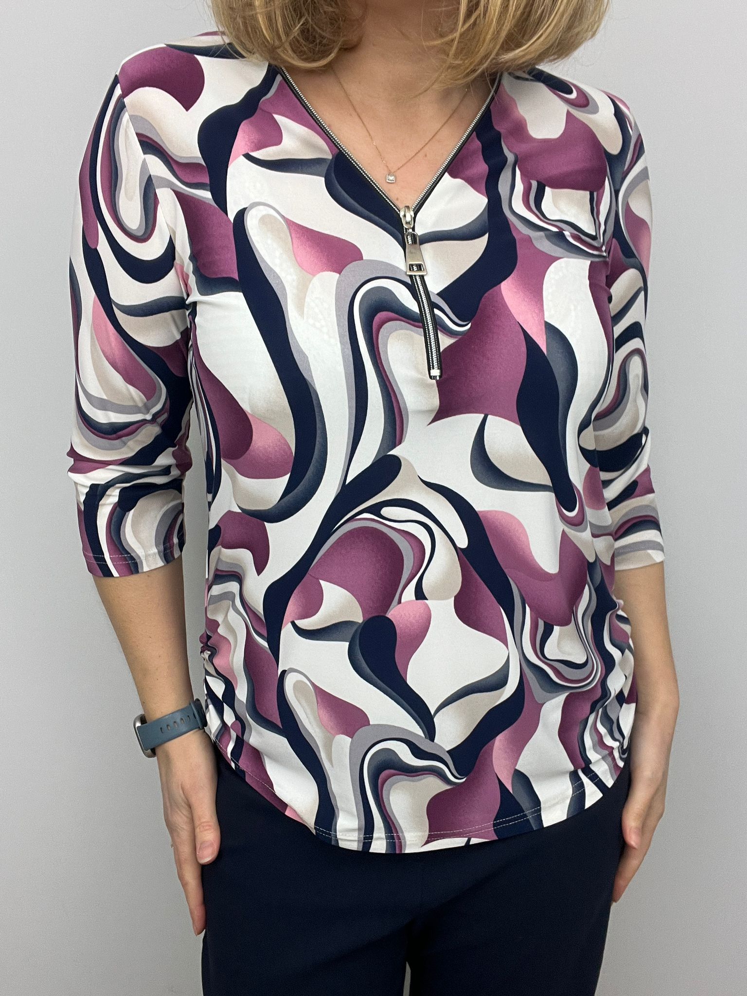 Ilona Navy and Pink Print Zip top with 3/4 sleeve Zip26 2