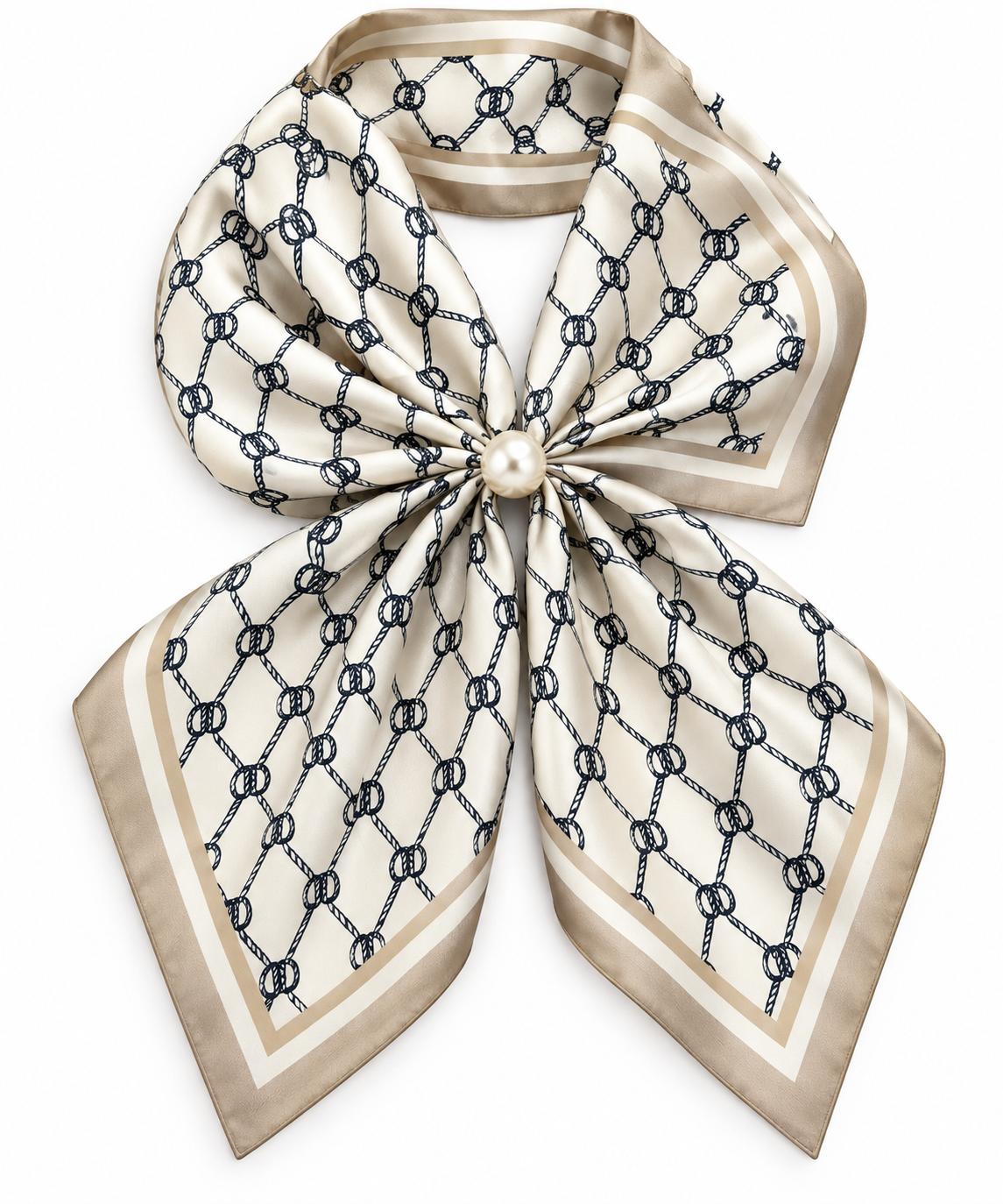 Silk Blend Scarf with Adjustable Pearl Clasp – Ivory & Taupe Rope Print