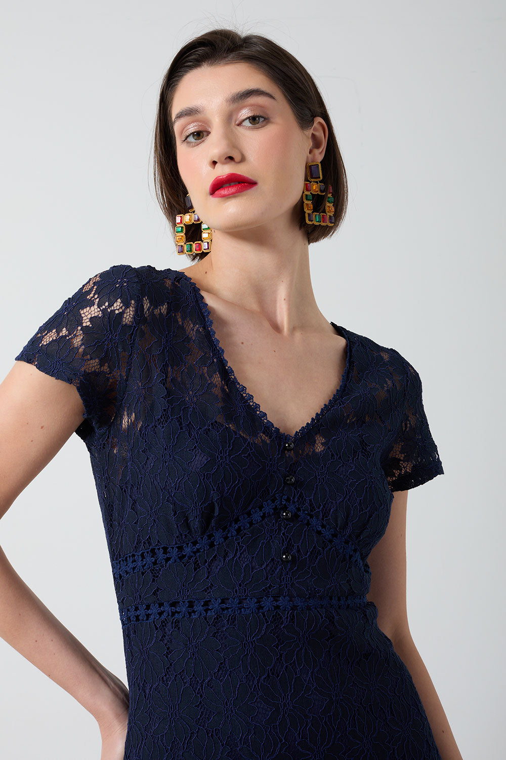 Navy Lace Knee Length Dress