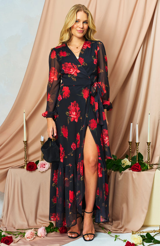 Hope & Ivy Camilla Blouson Sleeve Maxi Wrap Dress with Tie Waist