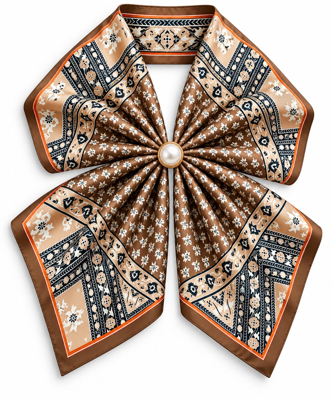 Silk Blend Scarf with Adjustable Pearl Clasp – Brown Floral
