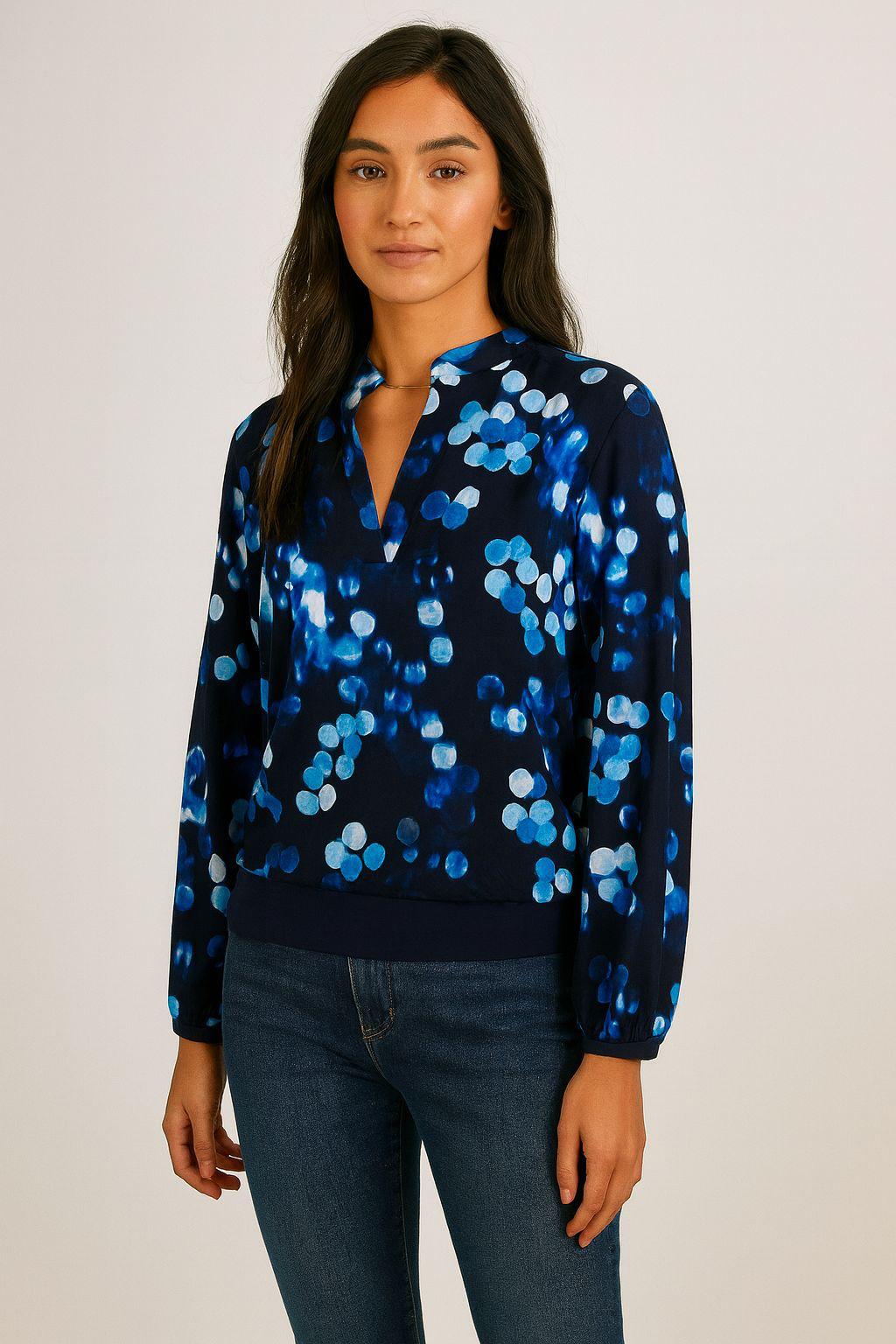 Luna band top in cobalt blue polka dot print