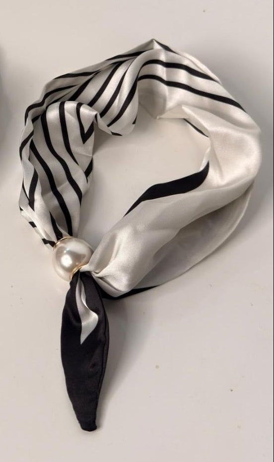 Ivory & Black Stripe Silk Neck Scarf with Pearl Clasp