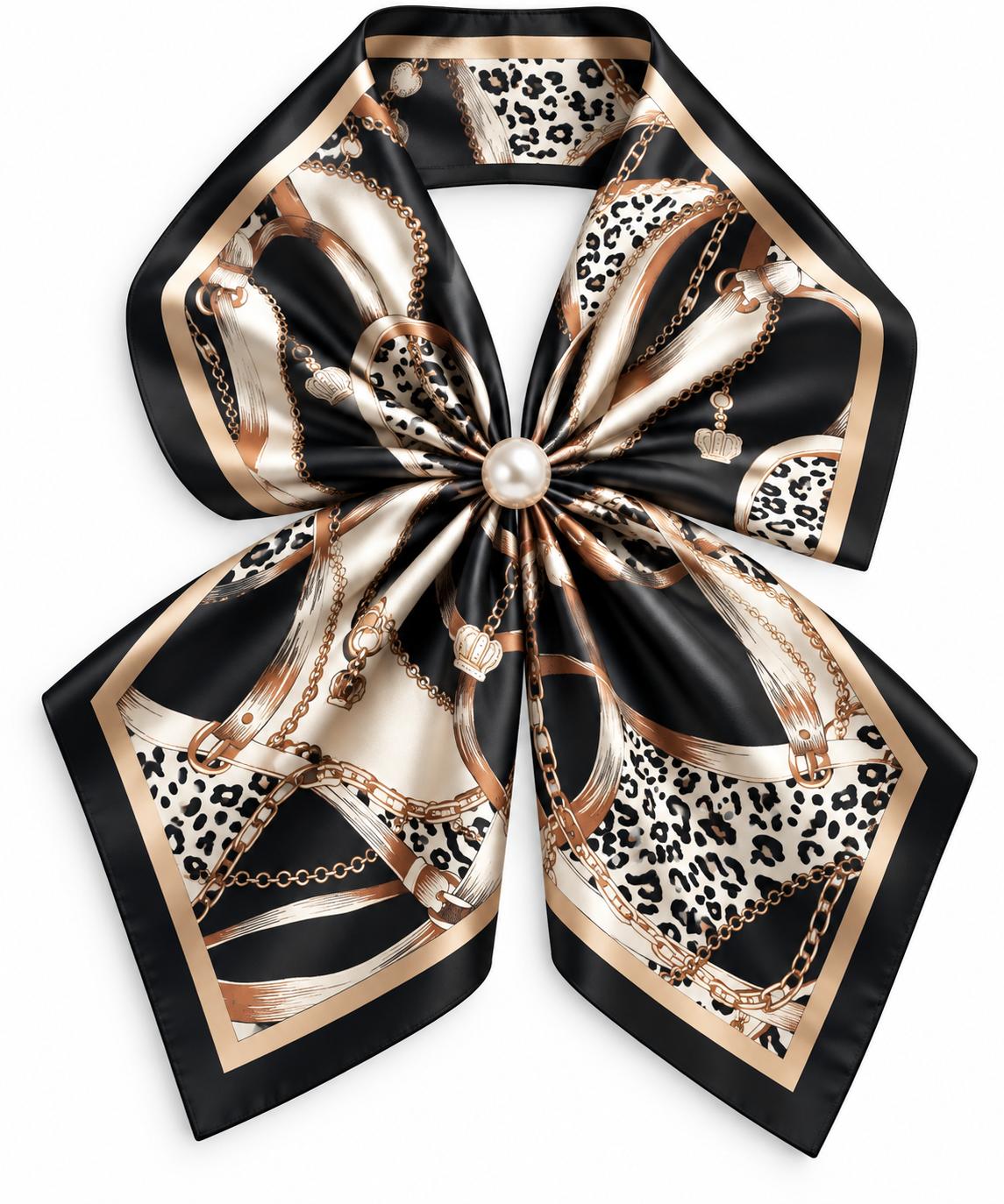 Silk Blend Scarf with Adjustable Pearl Clasp – Black & Gold Chain Print