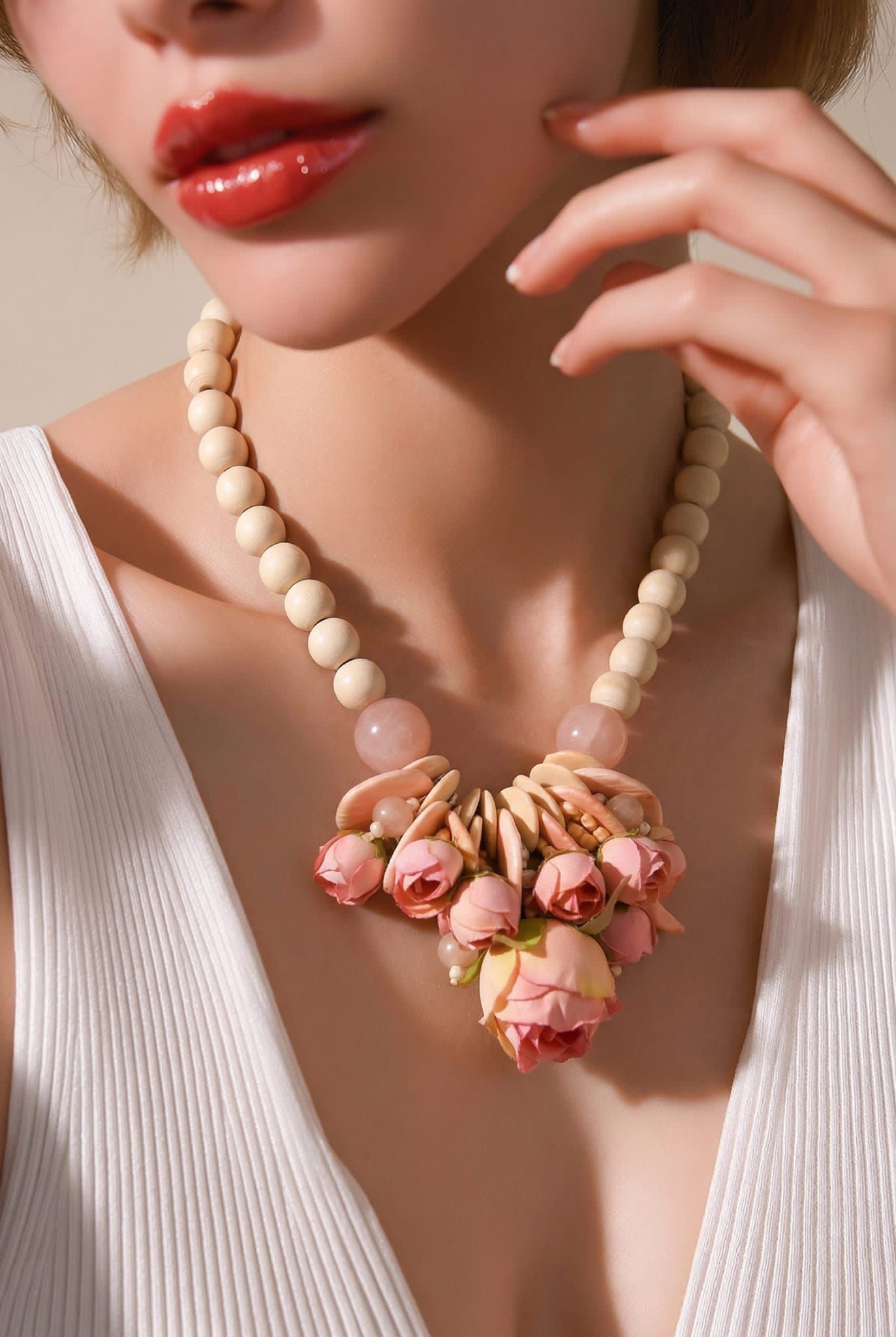 Rose Bud Statement Necklace in Blush Pink