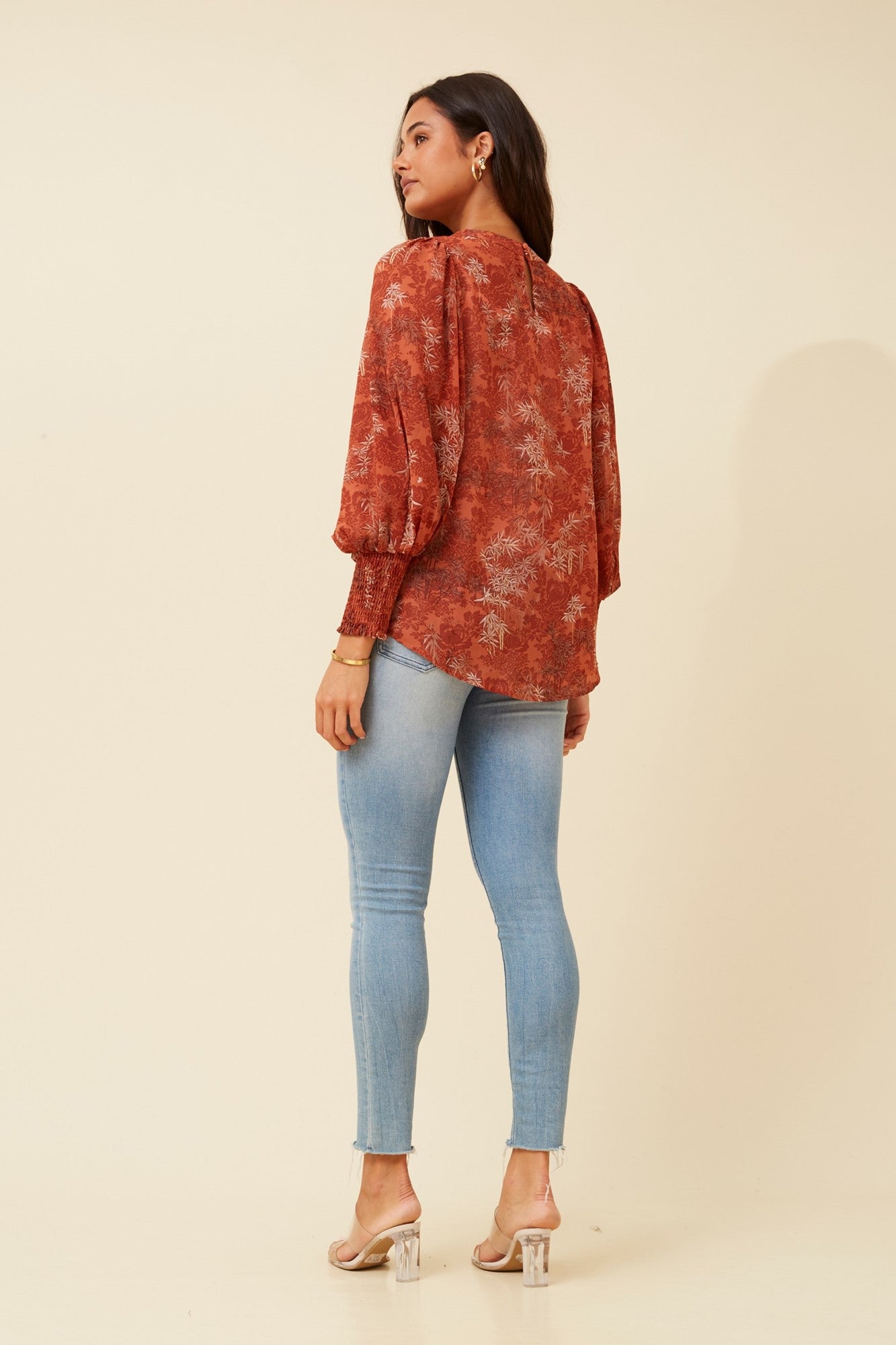 Leaf Print chiffon top with Balloon sleeve