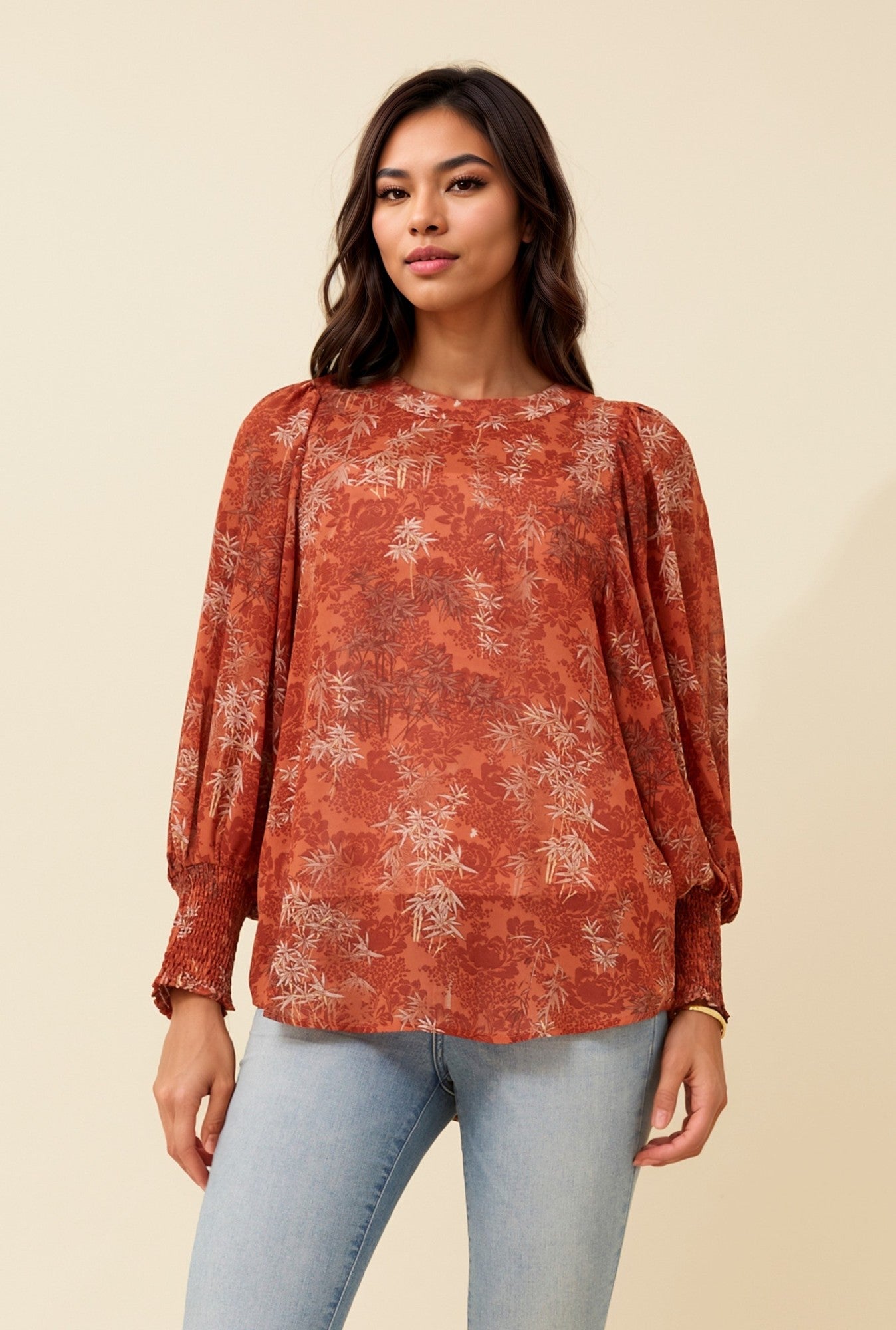 Leaf Print chiffon top with Balloon sleeve