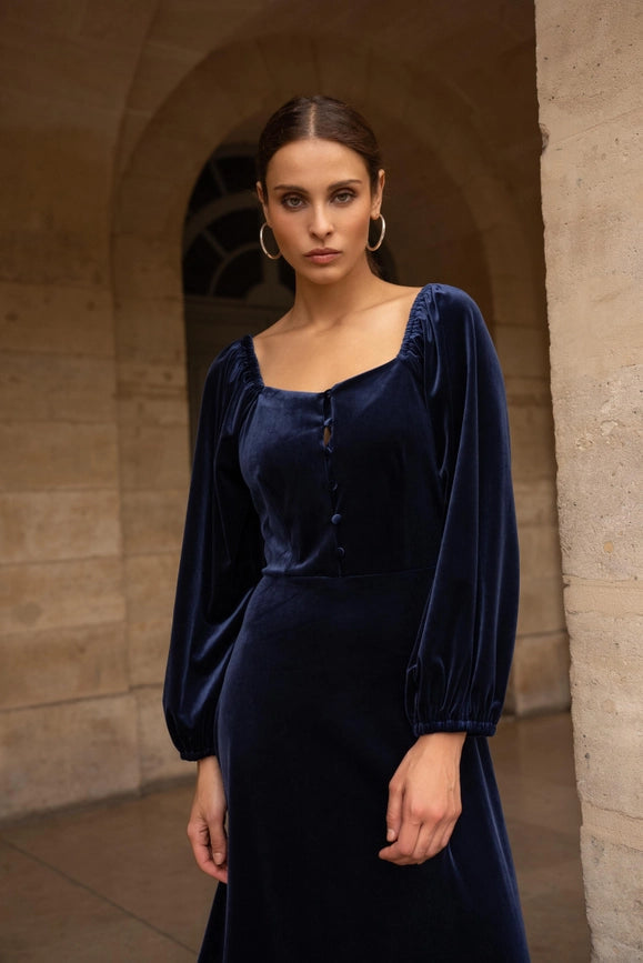 Navy Velvet Midi Dress with sweetheart neckline