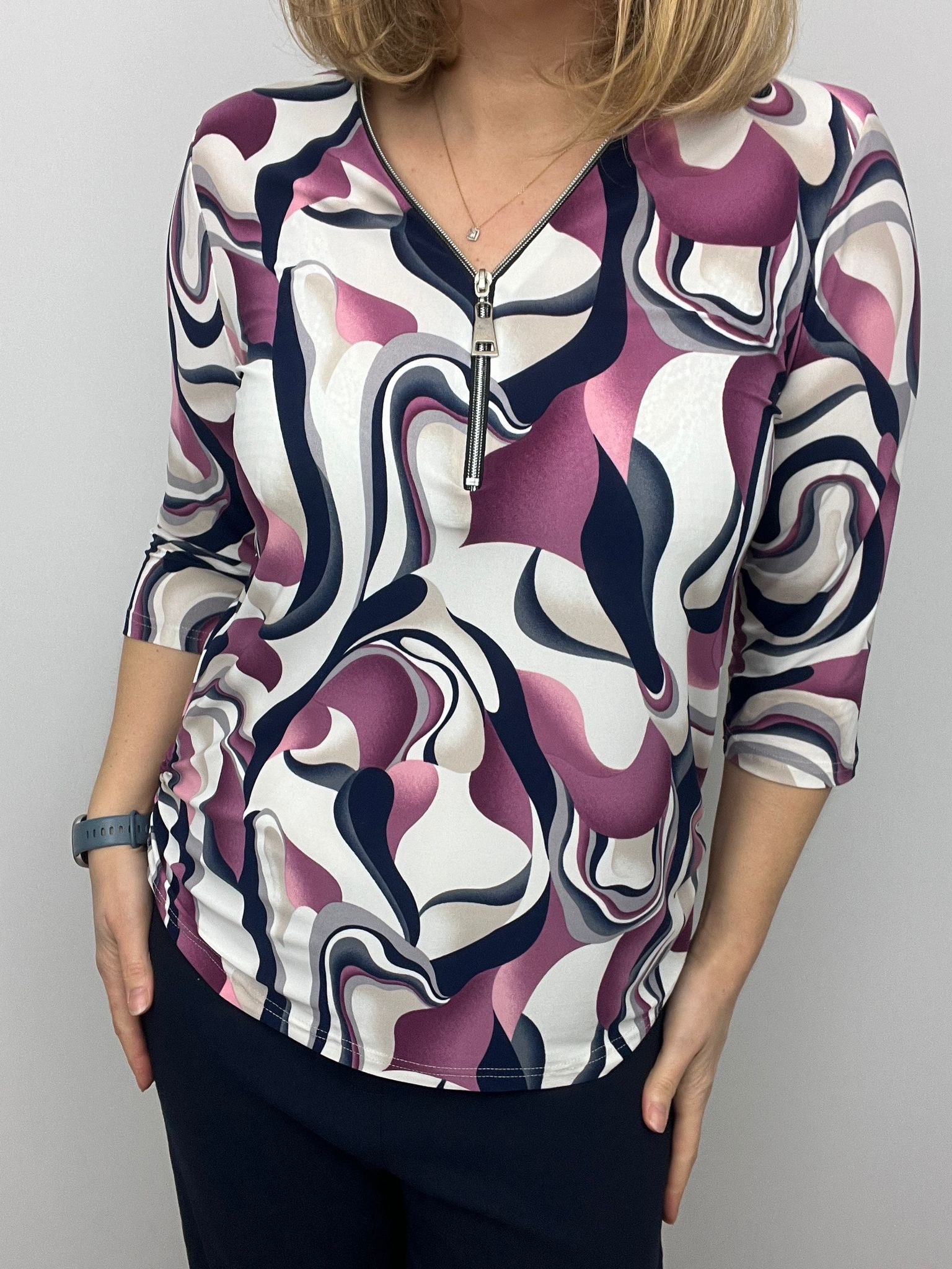 Ilona Navy and Pink Print Zip top with 3/4 sleeve Zip26 2
