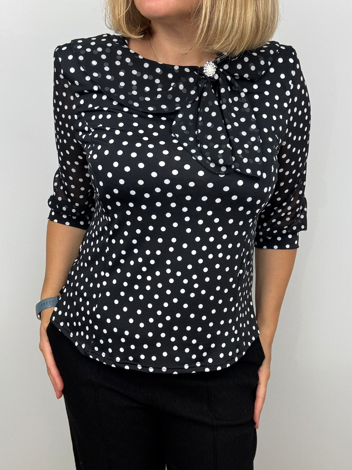 Drape neck top with chiffon sleeve and brooch detail