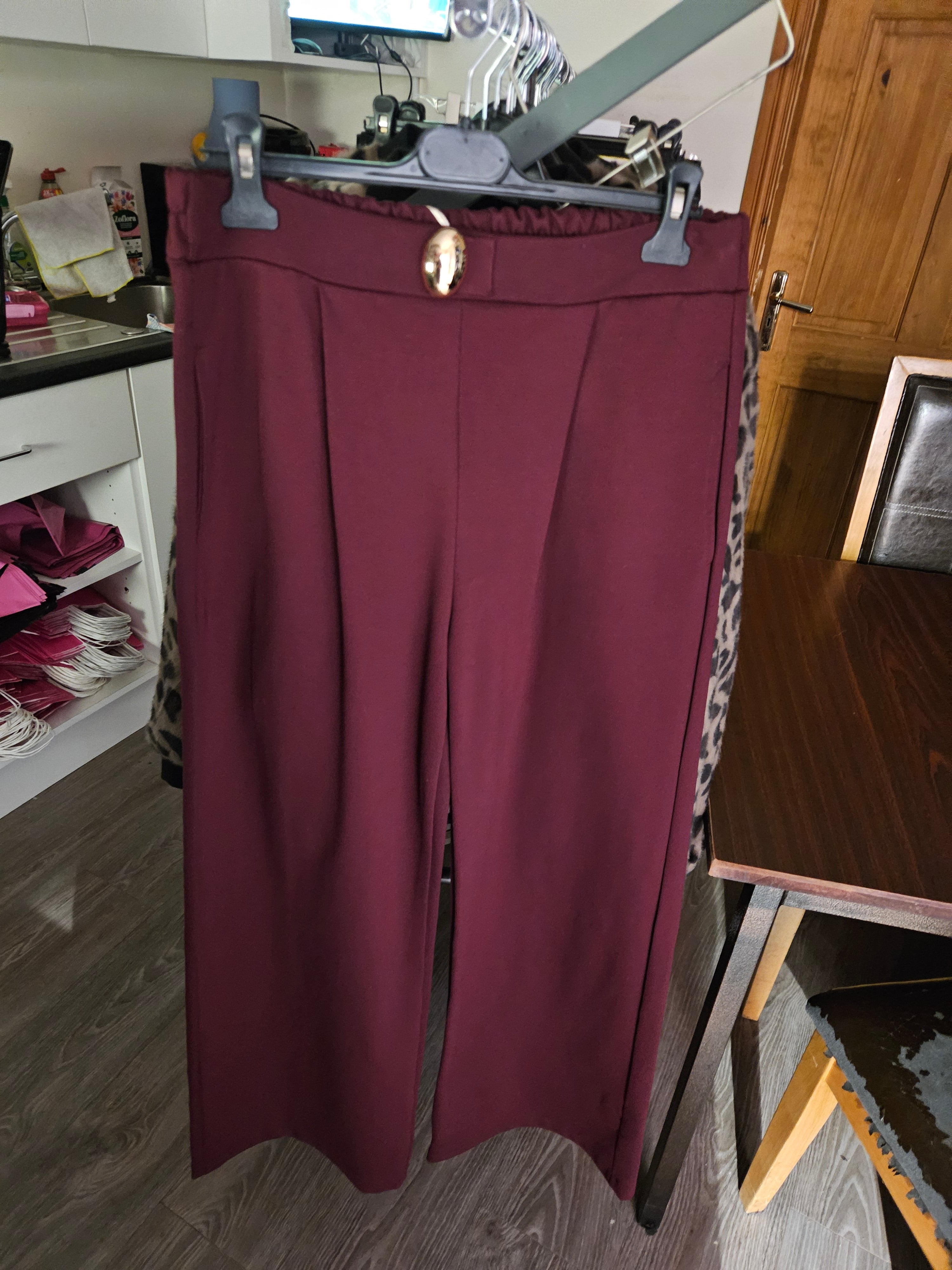 Jersey wide leg trousers with gold button waistband detail