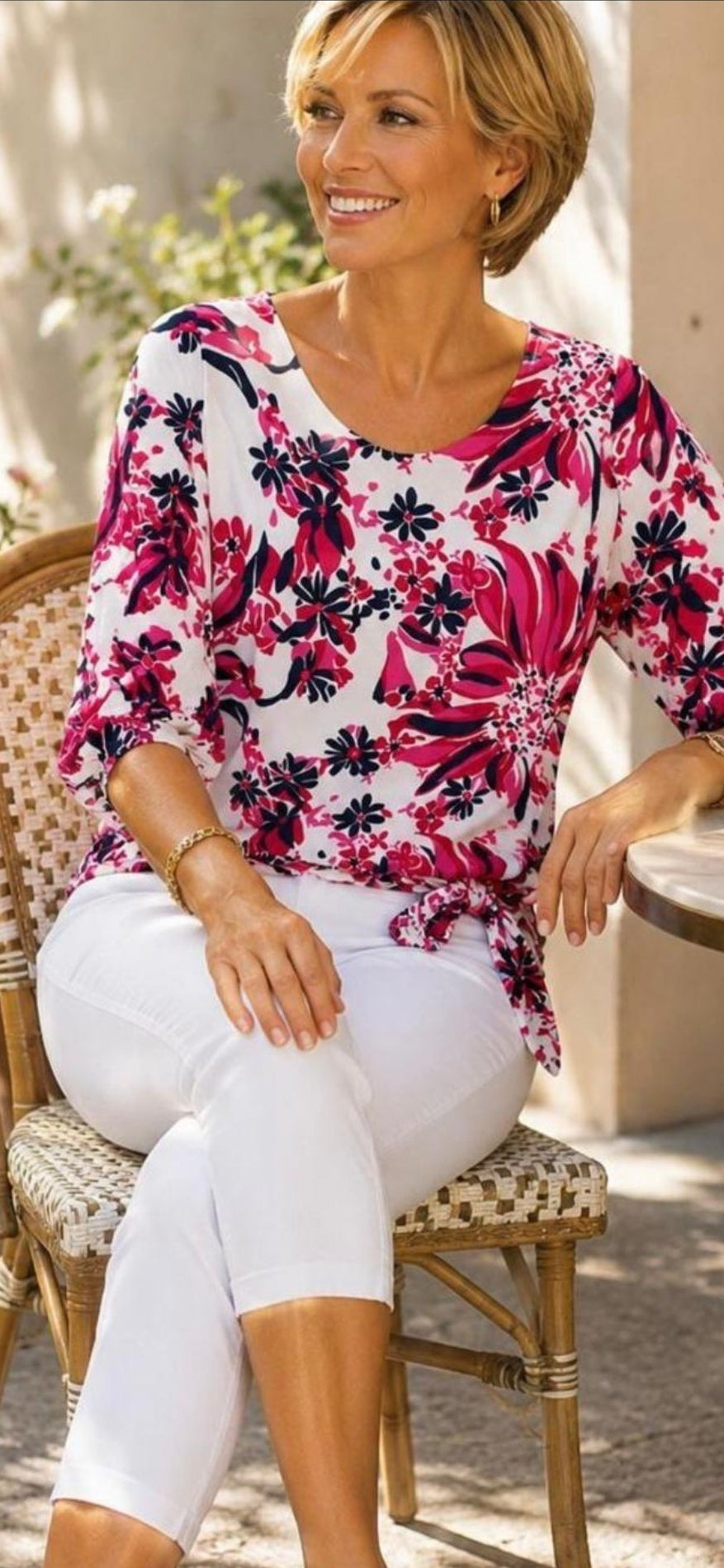 Yew 3/4 sleeve Round Neck Top with side tie pink and navy print Yew 31 3313