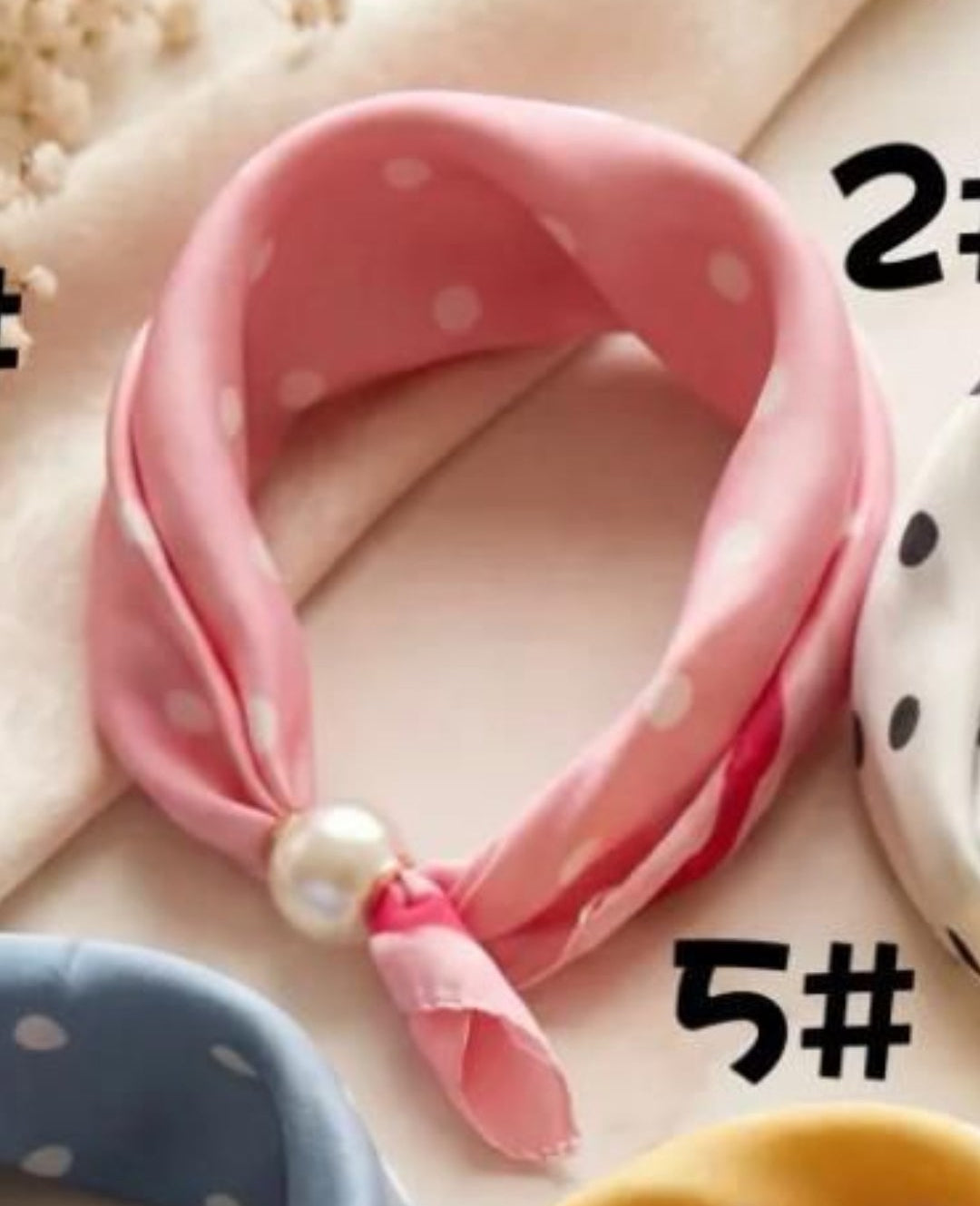 Pink Polka Dot Silk Neck Scarf with Magnetic Pearl Clasp