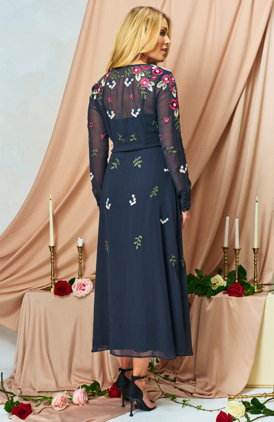 Hope & Ivy Rosette Embellished Maxi Dress with Long Sleeve and Button Front