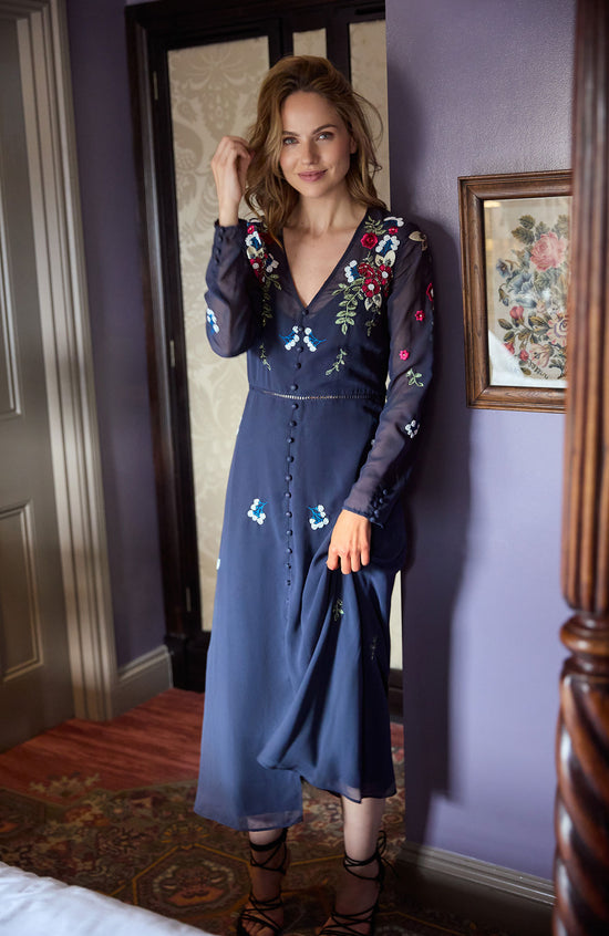 Hope & Ivy Rosette Embellished Maxi Dress with Long Sleeve and Button Front