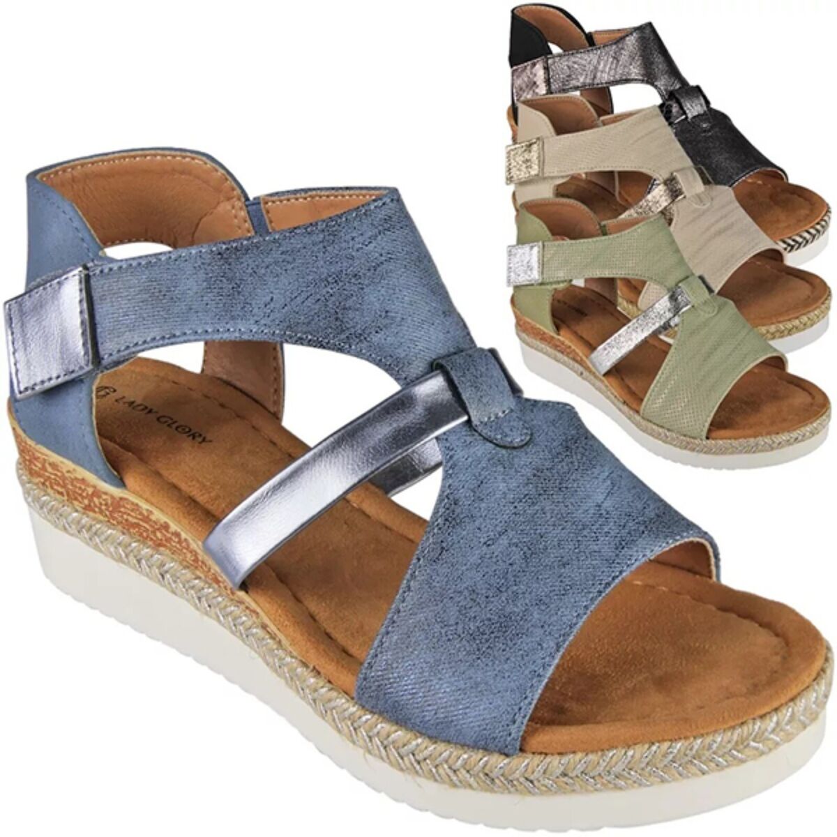 Featherlight velcro strap low wedge sandal in denim Blue