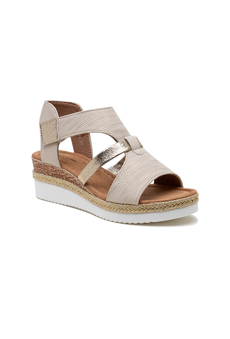 Featherlight Velcro strap wedge sandal in Beige and Gold
