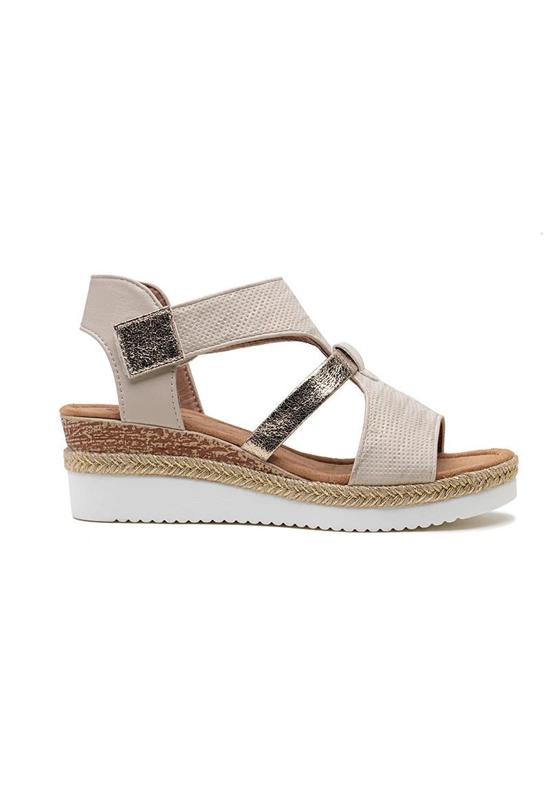 Featherlight Velcro strap wedge sandal in Beige and Gold