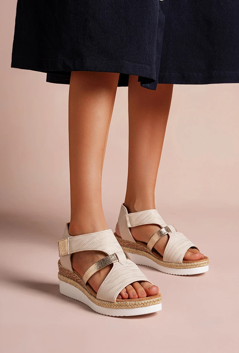 Featherlight Velcro strap wedge sandal in Beige and Gold