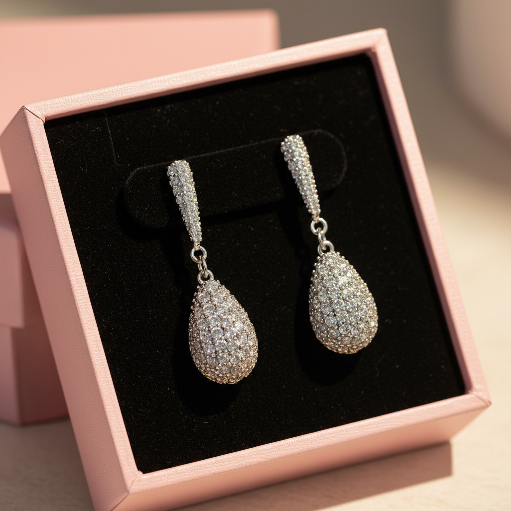 Silver diamante earrings in pink box
