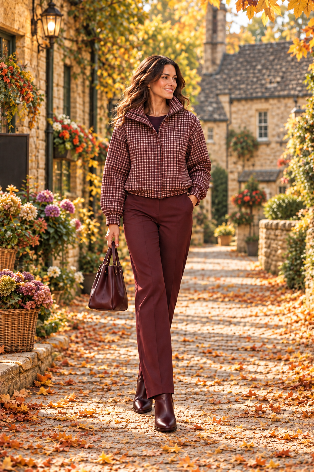 Single model wearing the wine checked jacket