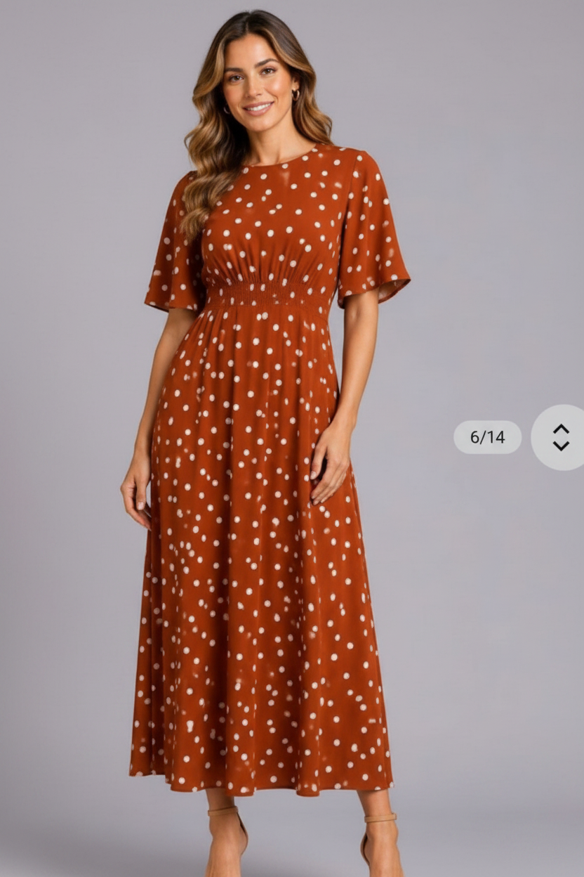 Stella Morgan Rust Polka Dot Midi Dress - No Pockets