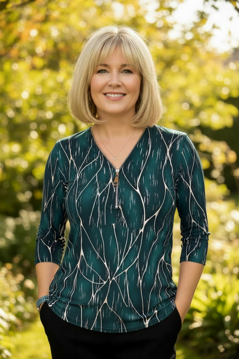 Teal silver branch print zip top lifestyle