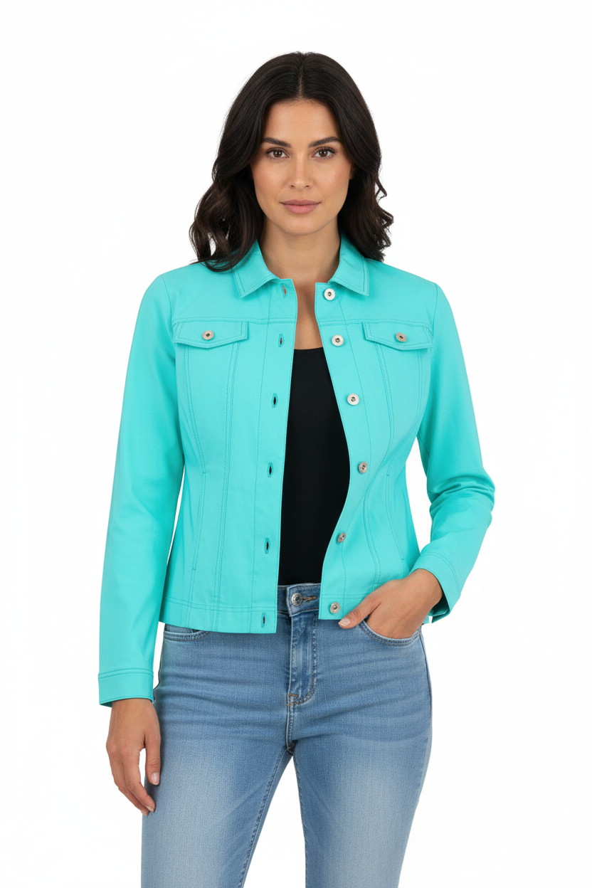 Turquoise jacket on model