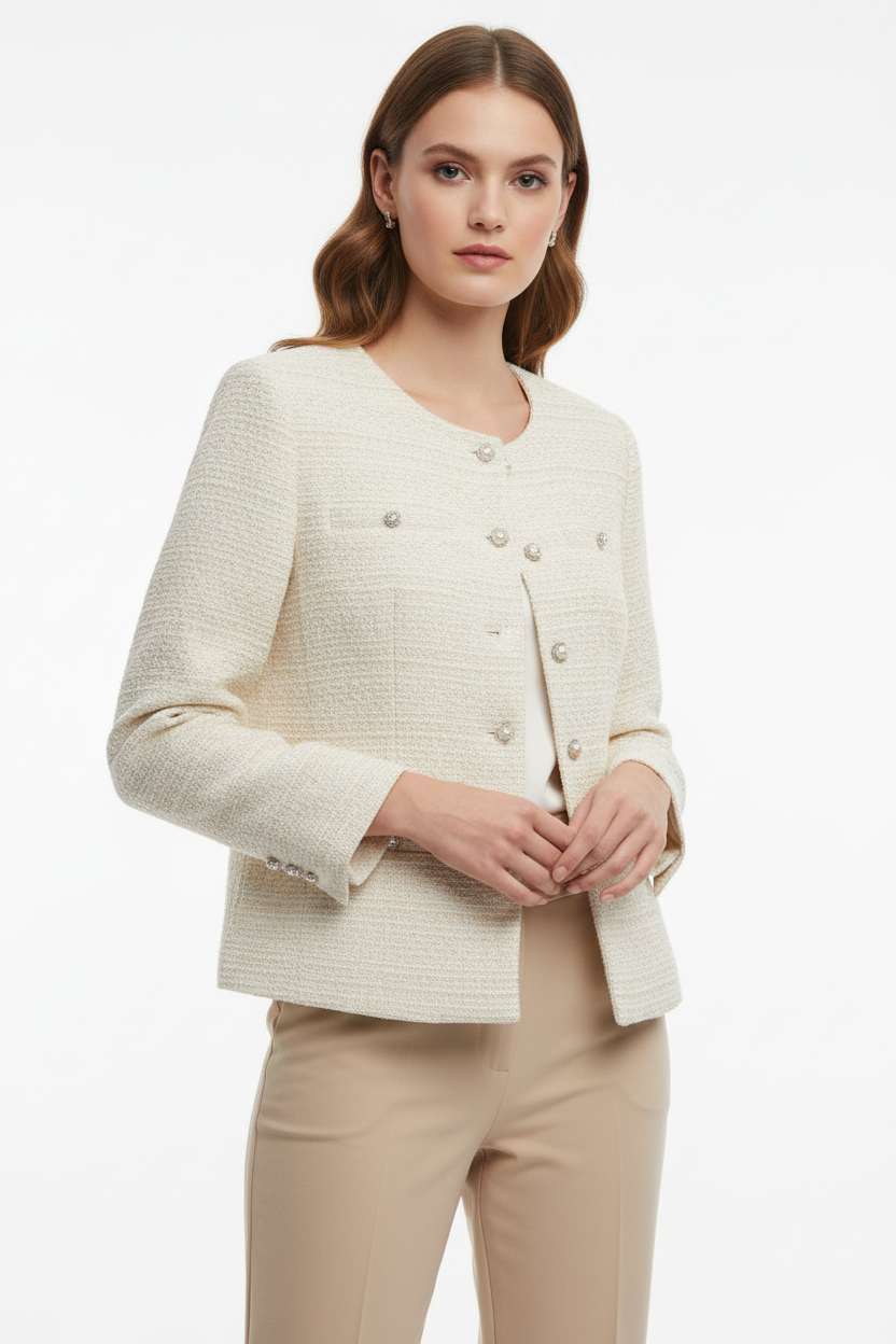 Upper body shot of model wearing tweed jacket