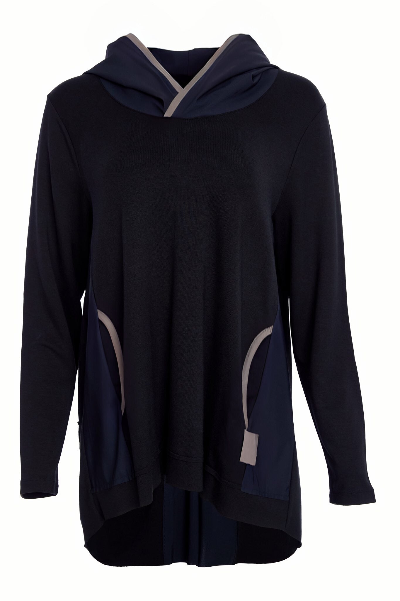 Naya Hooded long SWeatshirt with back zip detail in Black with Sand Trim Naw25126