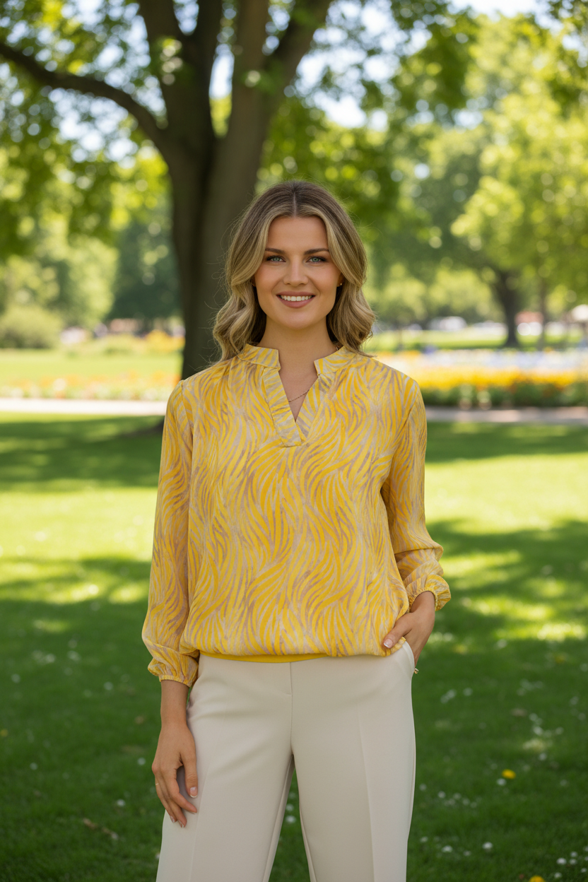 Yellow animal print top in park - upper body