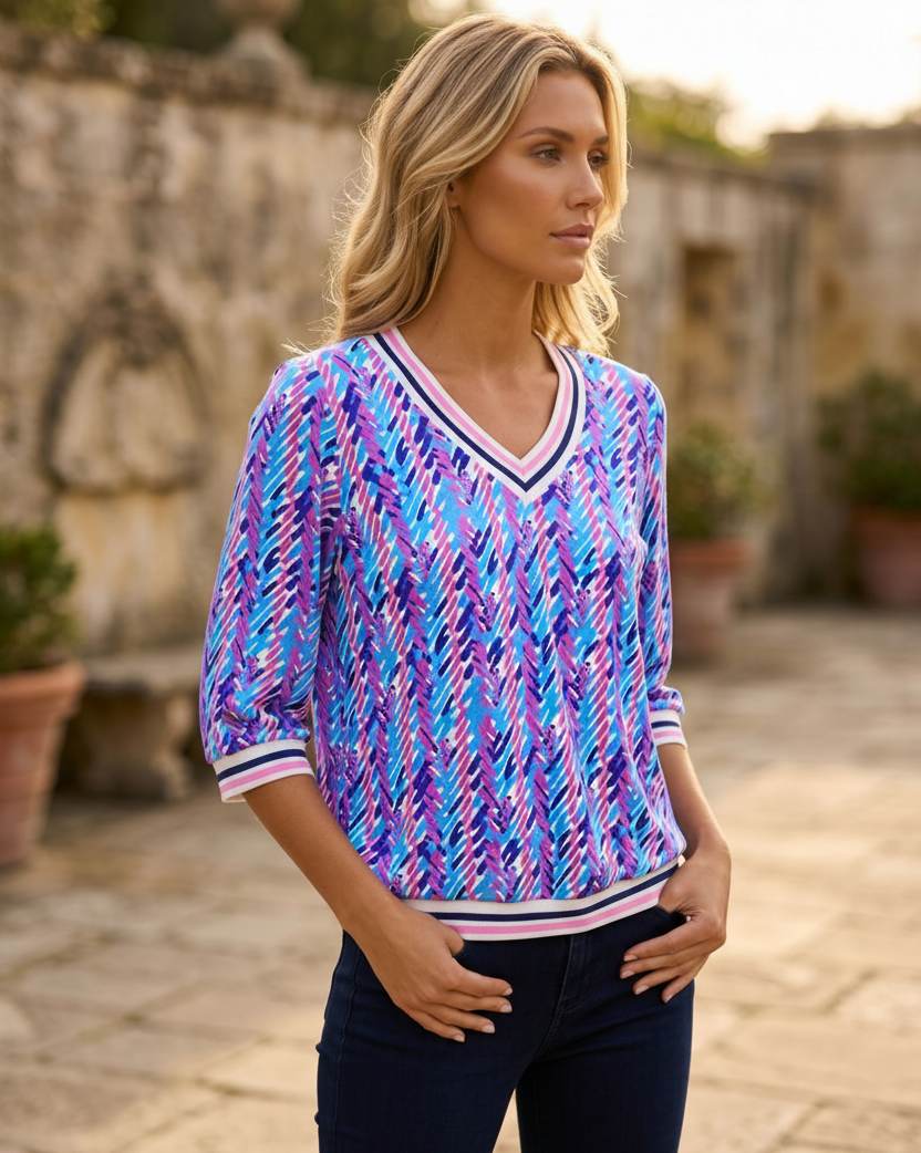 YEW Blue Purple Chevron V-Neck Top – Lifestyle Upper Body