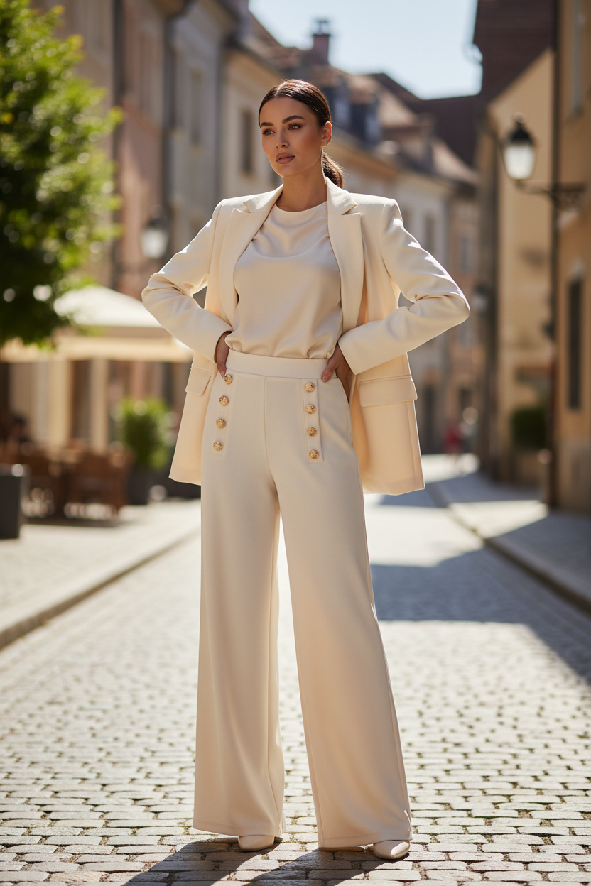 Yu & Me Cream Gold Button Trousers Model 2