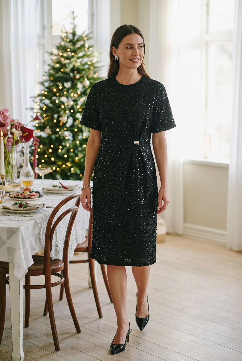 Fransa Zolana Black Sequin Dress with Ruched Detail