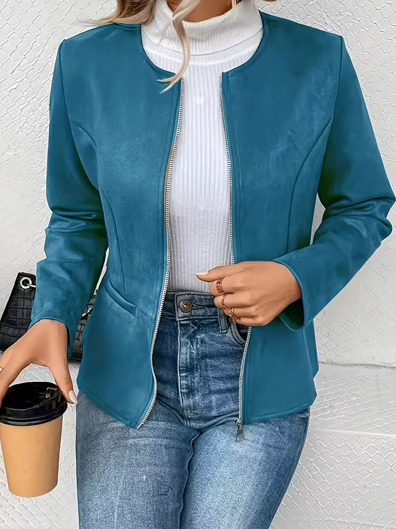 Yew Suede look collarless jacket with 3/4 sleeve in Petrol blue Jacket 3