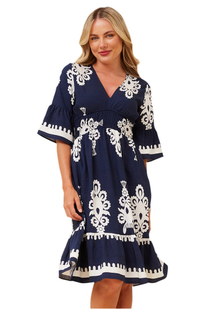 iKAT Print dress with Shirred waist, half sleeve and pockets Black Or Navy