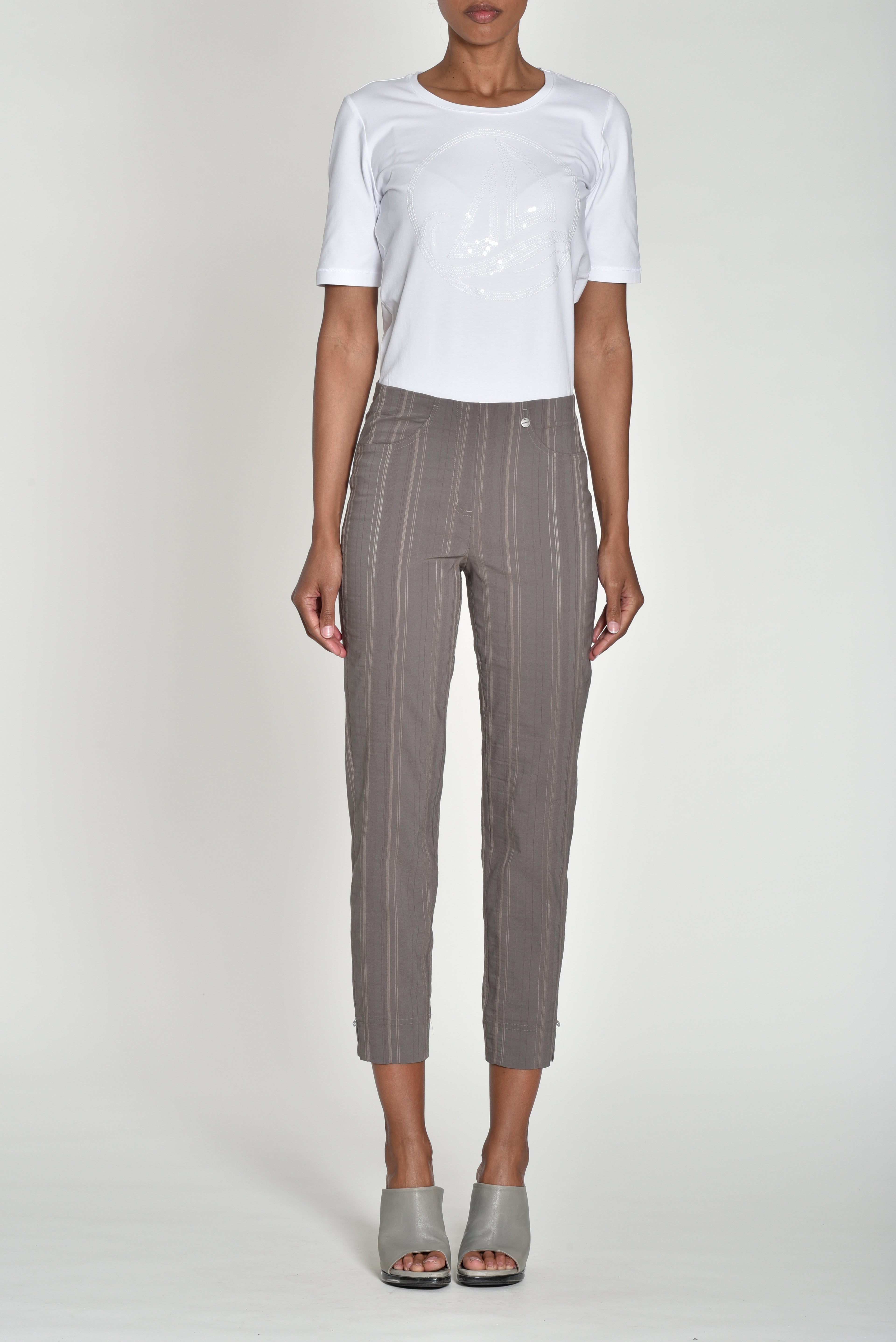 Robell Bella Cotton Blend Seersucker Trousers in Almond Brown  52642 18