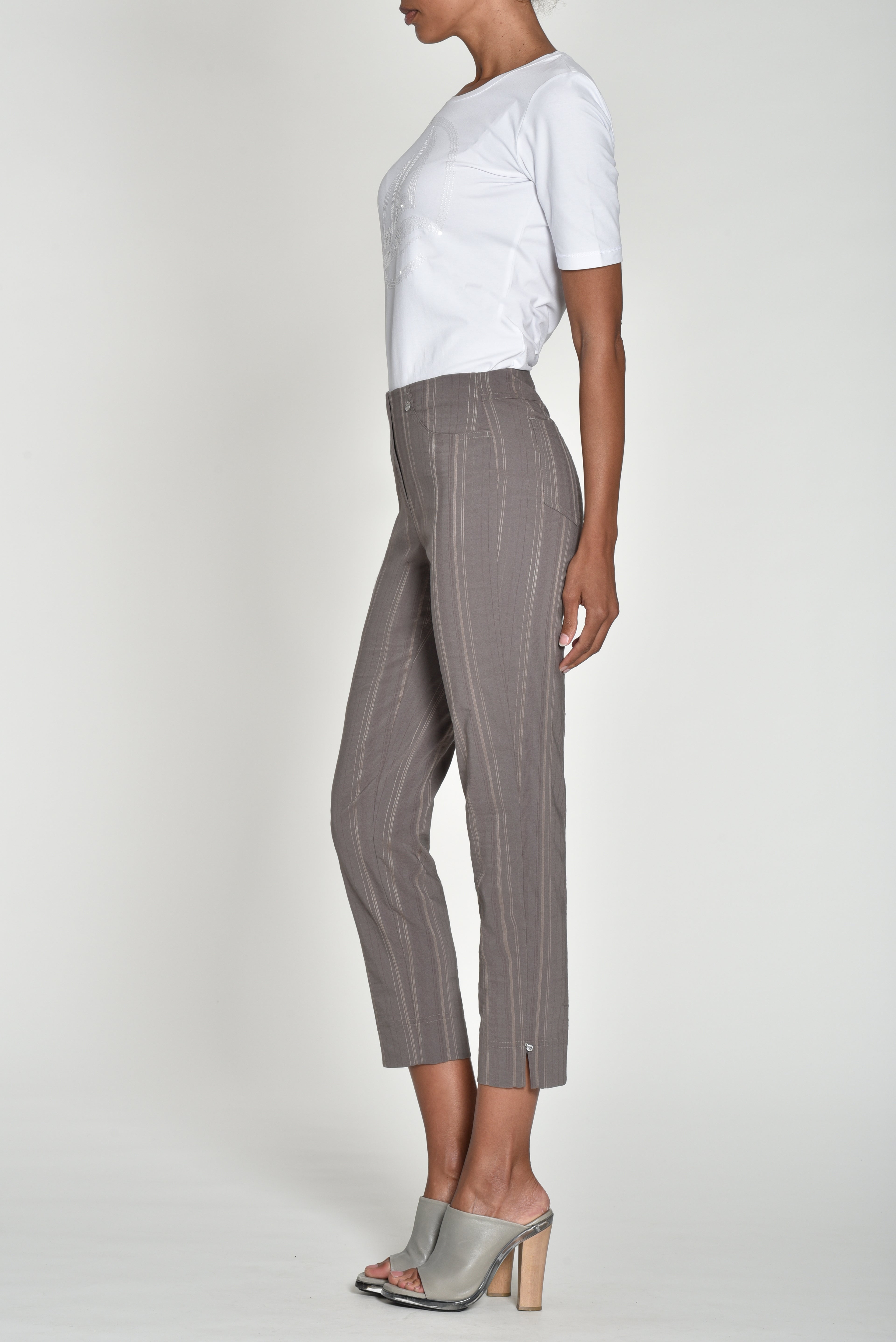 Robell Bella Cotton Blend Seersucker Trousers in Almond Brown  52642 18