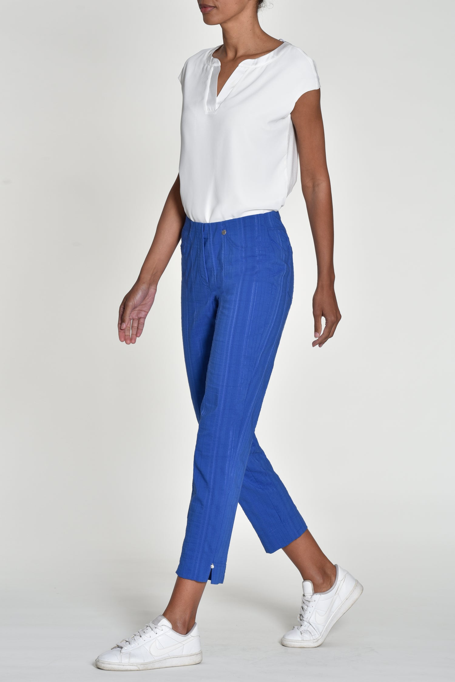 Robell Bella Cotton Blend Seersucker Trousers in Royal Blue  52642 68