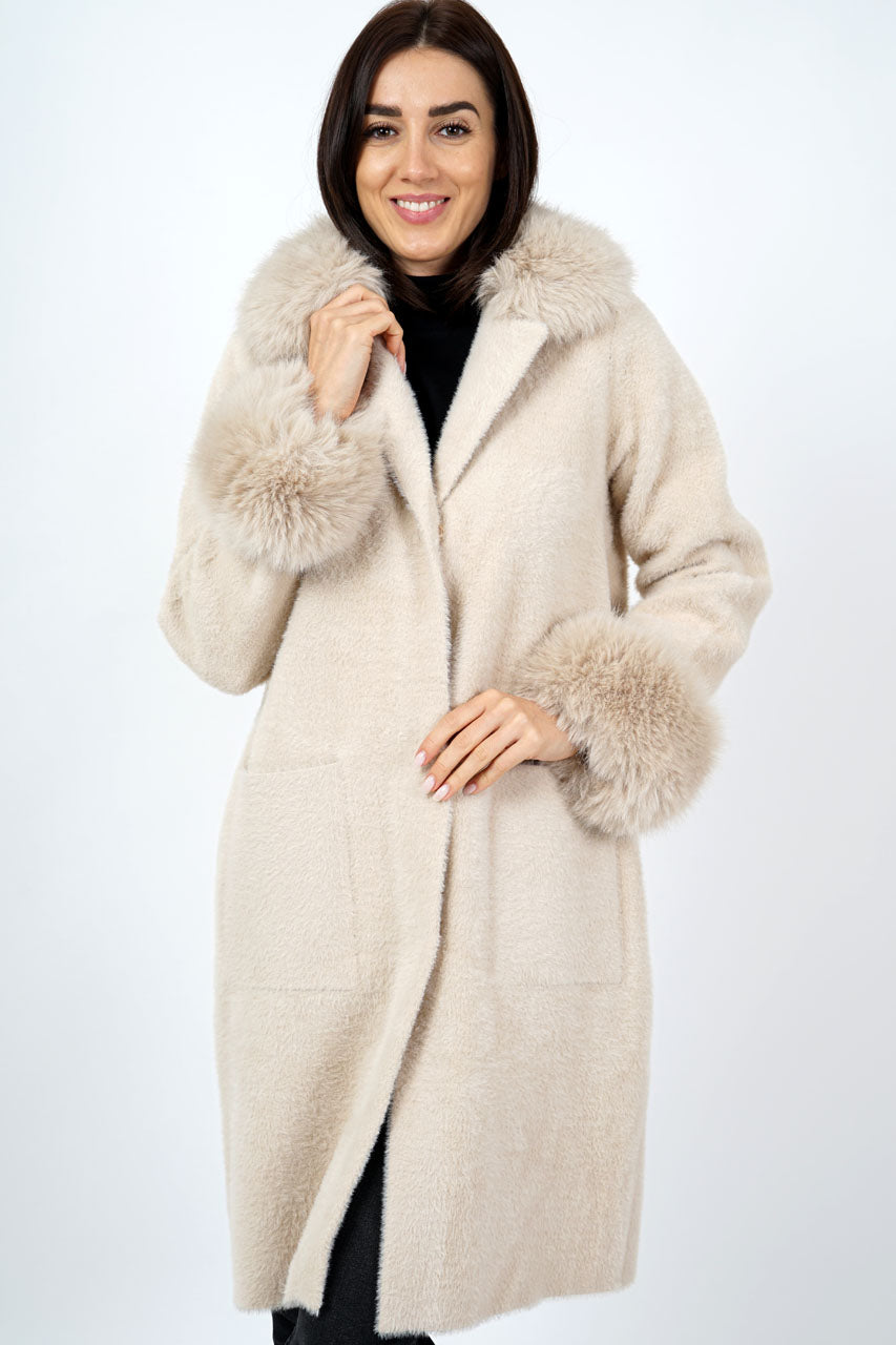 Faux Fur Sweater Coat with Fur Collar and Cuffs