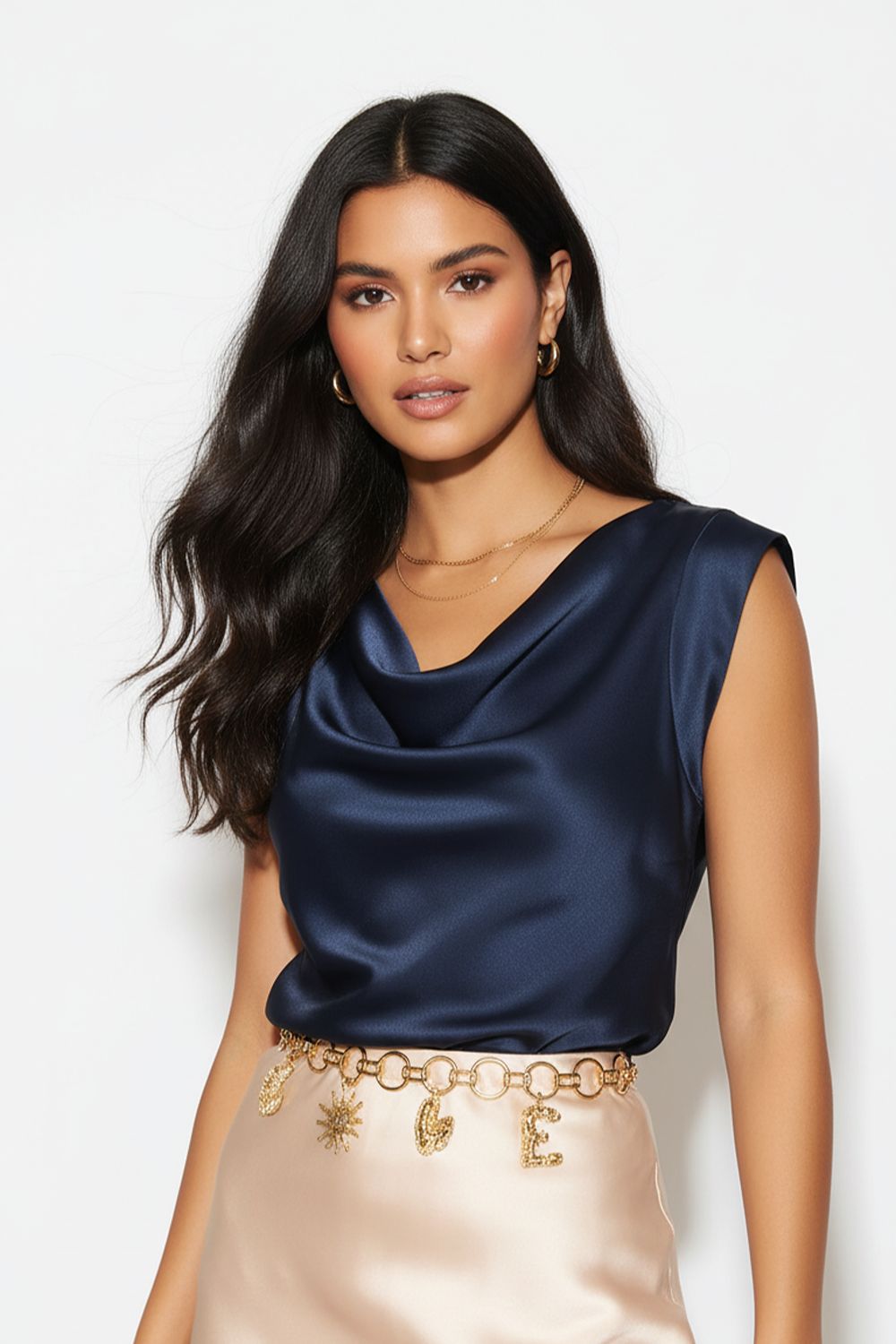 Marc Angelo Mia Cowl neck Satin top in Navy