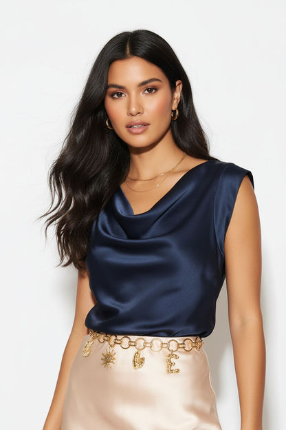 Marc Angelo Mia Cowl neck Satin top in Navy