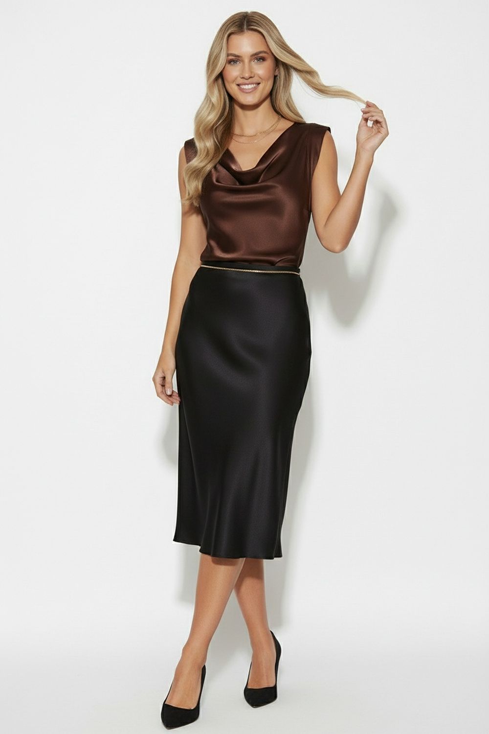 Marc Angelo Mia Satin Cowl neck Top  Chocolate